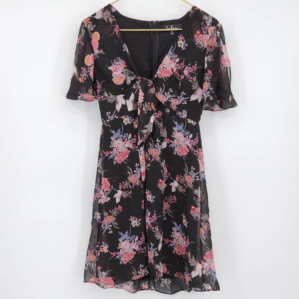 Lulu's Wings of Love Floral Print Surplice Black Mini Dress Size Small